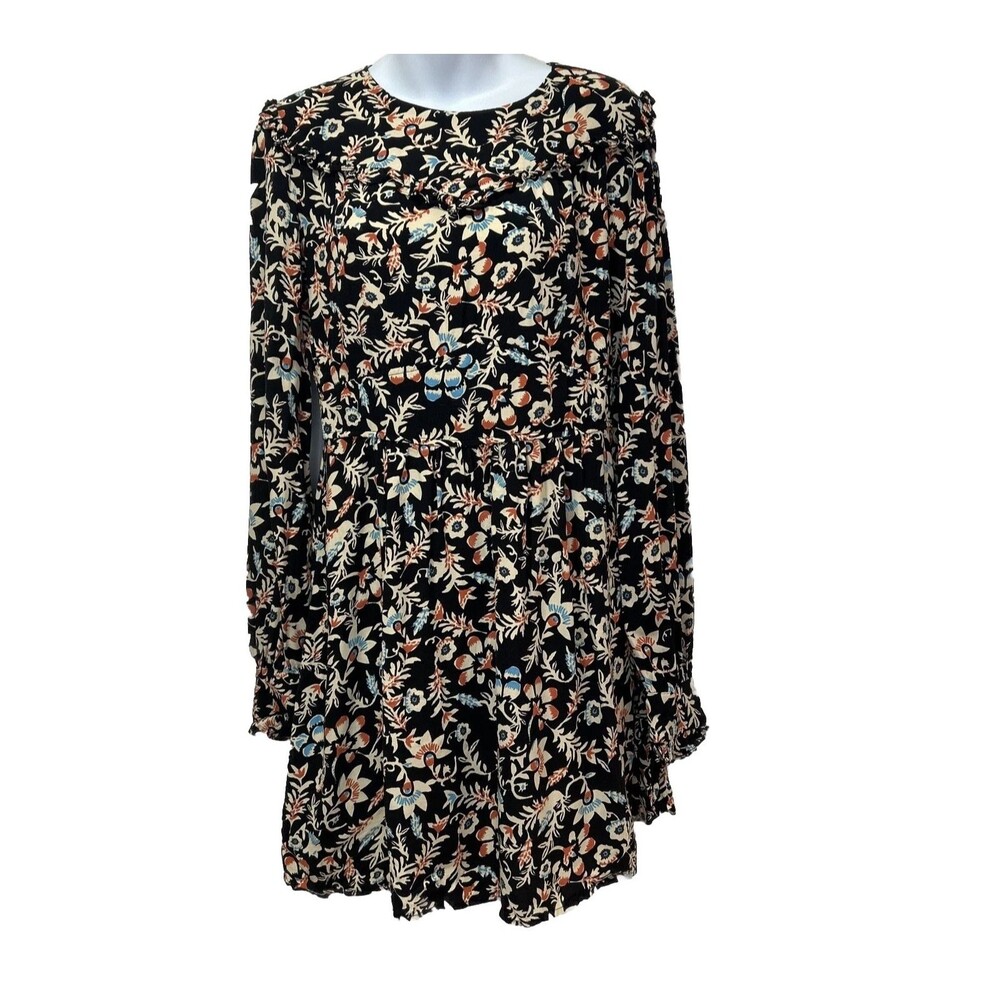 H&M Black Floral Long Sleeve Dress Sz 8 M Flowy Y2K Cottagecore Boho